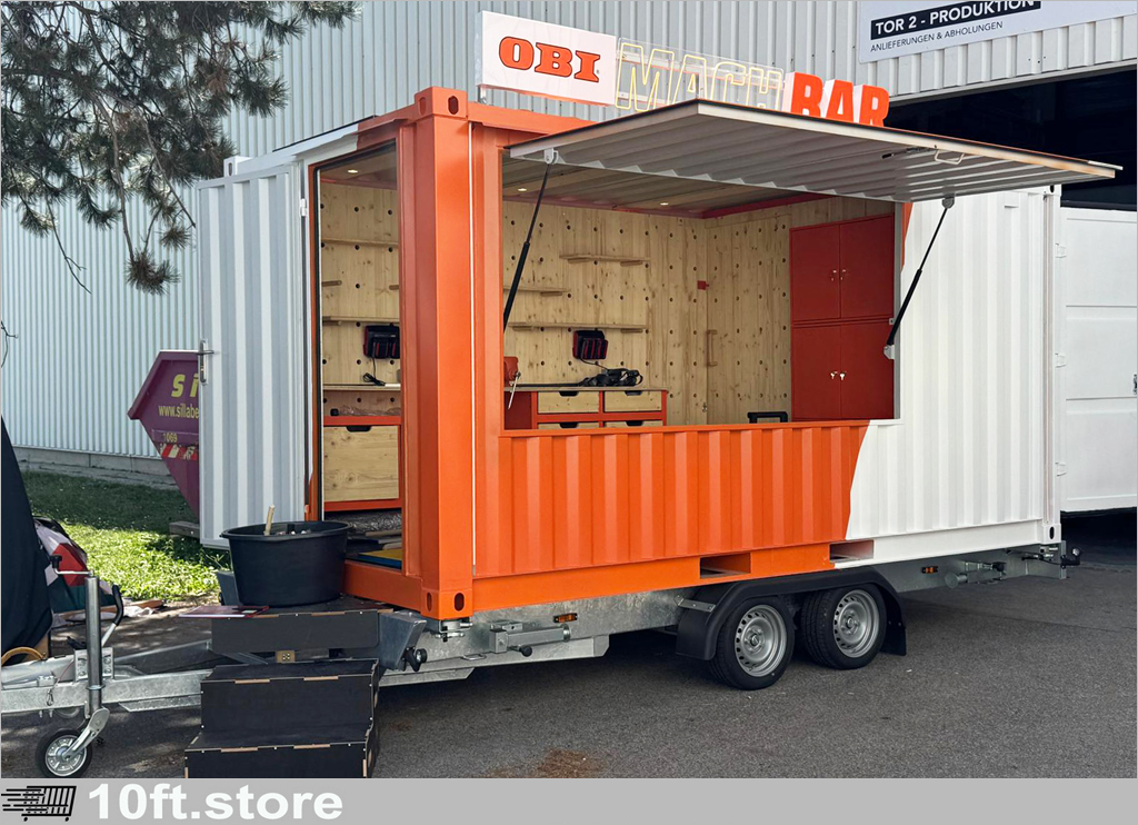 Mobiler Event- und Promotionscontainer auf Anhänger für OBI in Österreich